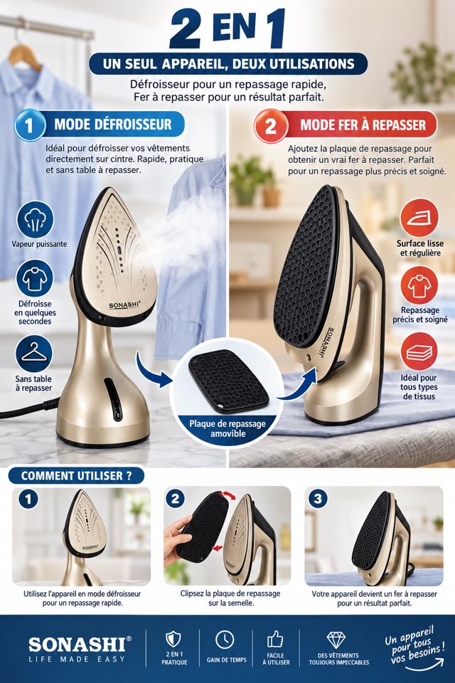 Sonashi DEFROISSEUR ET FER AREPASSE 2EN1 SI-5096