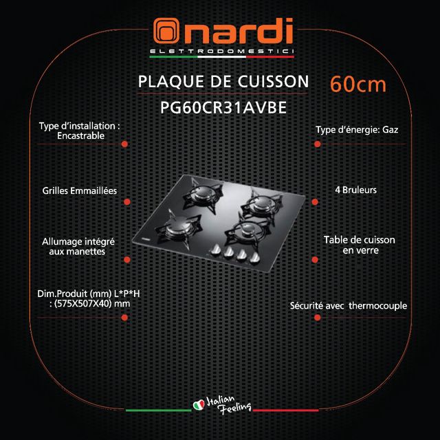 Nardi plaque de cuisson en verre PG60CR31AVBE
