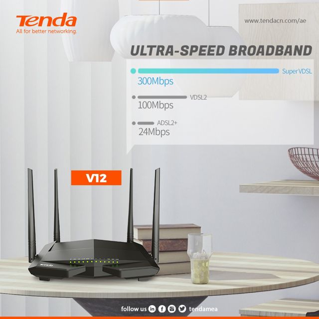 Tenda Modem Router V12 AC1200 Dual Band Wireless VDSL2/ADSL2