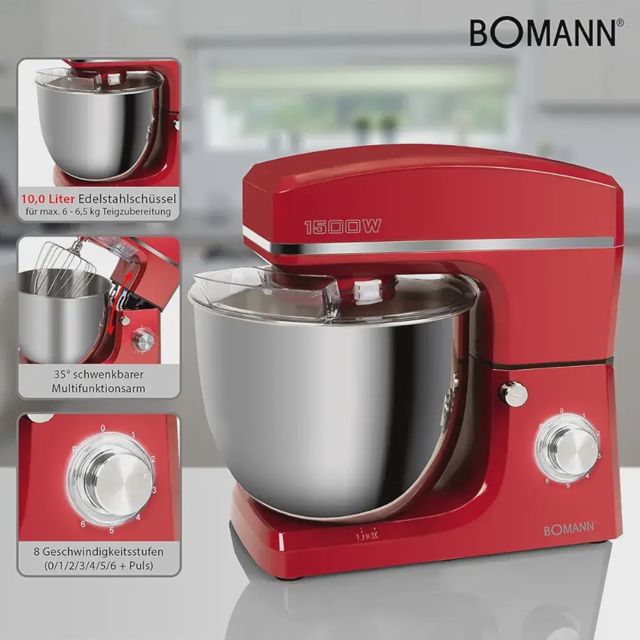 Robot pétrin 10L 1500W Bomann KM 6036 CB Rouge