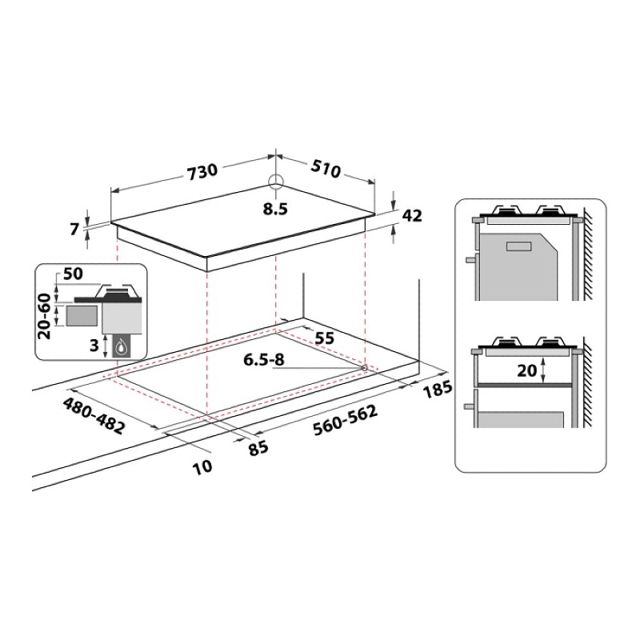 Whirlpool plaque gaz 5 feux 75cm GMWL 728/IXL