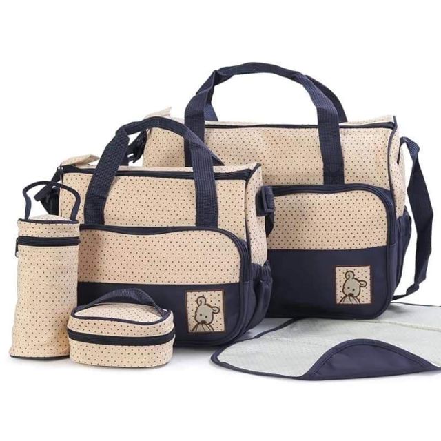 Sac à Langer Bébé 5 Pièces Bleu Nuit Beige