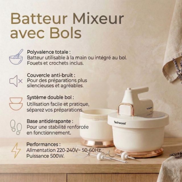 Techwood Batteur Mixeur avec Bols 500W TMB-340