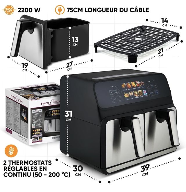 ProfiCook® Friteuse à air chaud | 2 compartiments | 8 litres