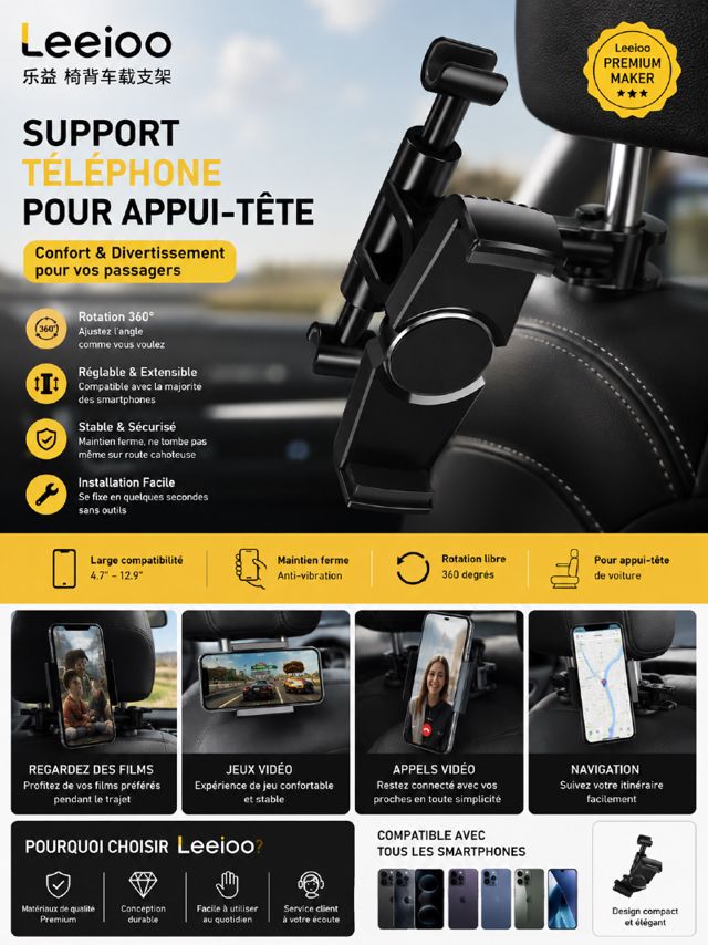 Support Voiture Appui-Tête Smartphone Tablette Leeioo